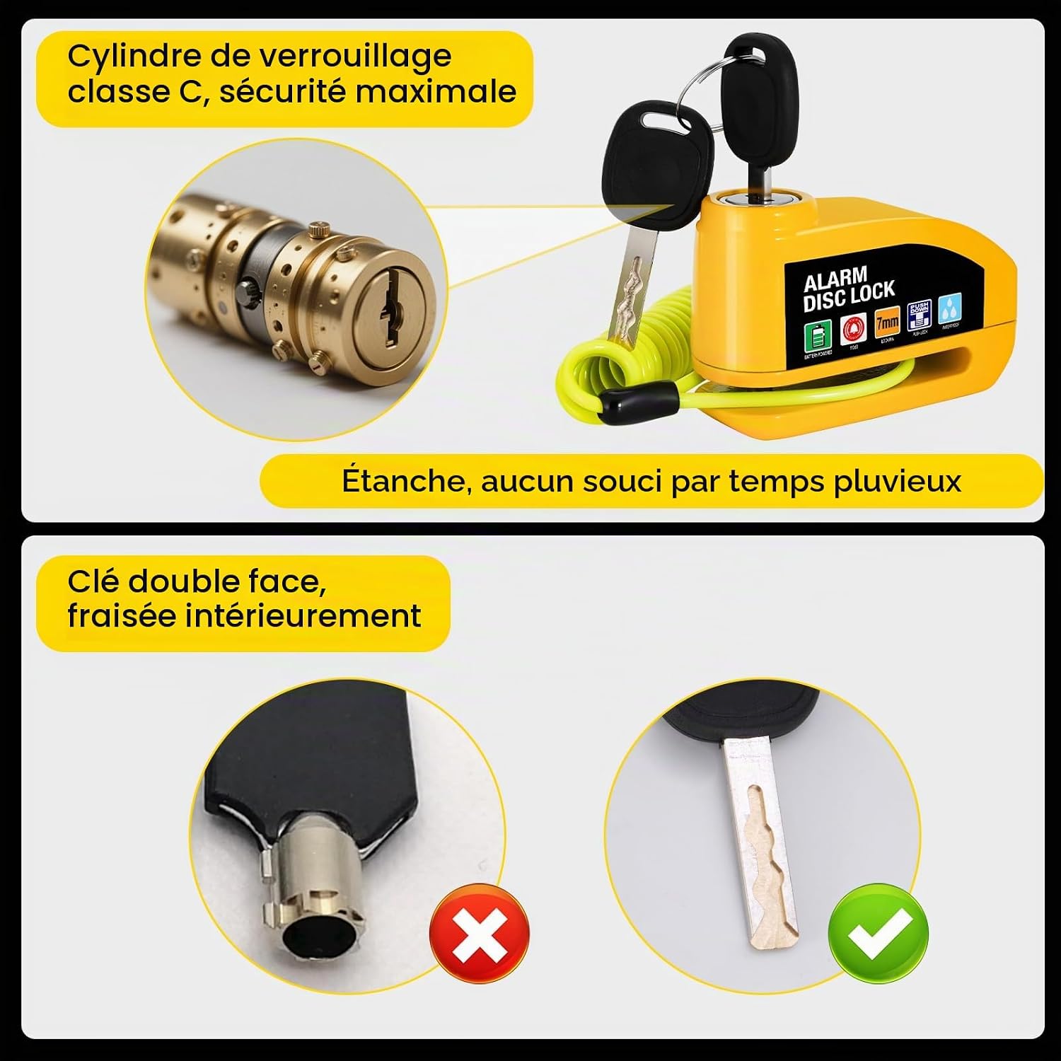 Thumbnail 5 de Vemfay 4578799 remschijfslot met alarm van 110 dB en herinneringskabel van 1,2 m