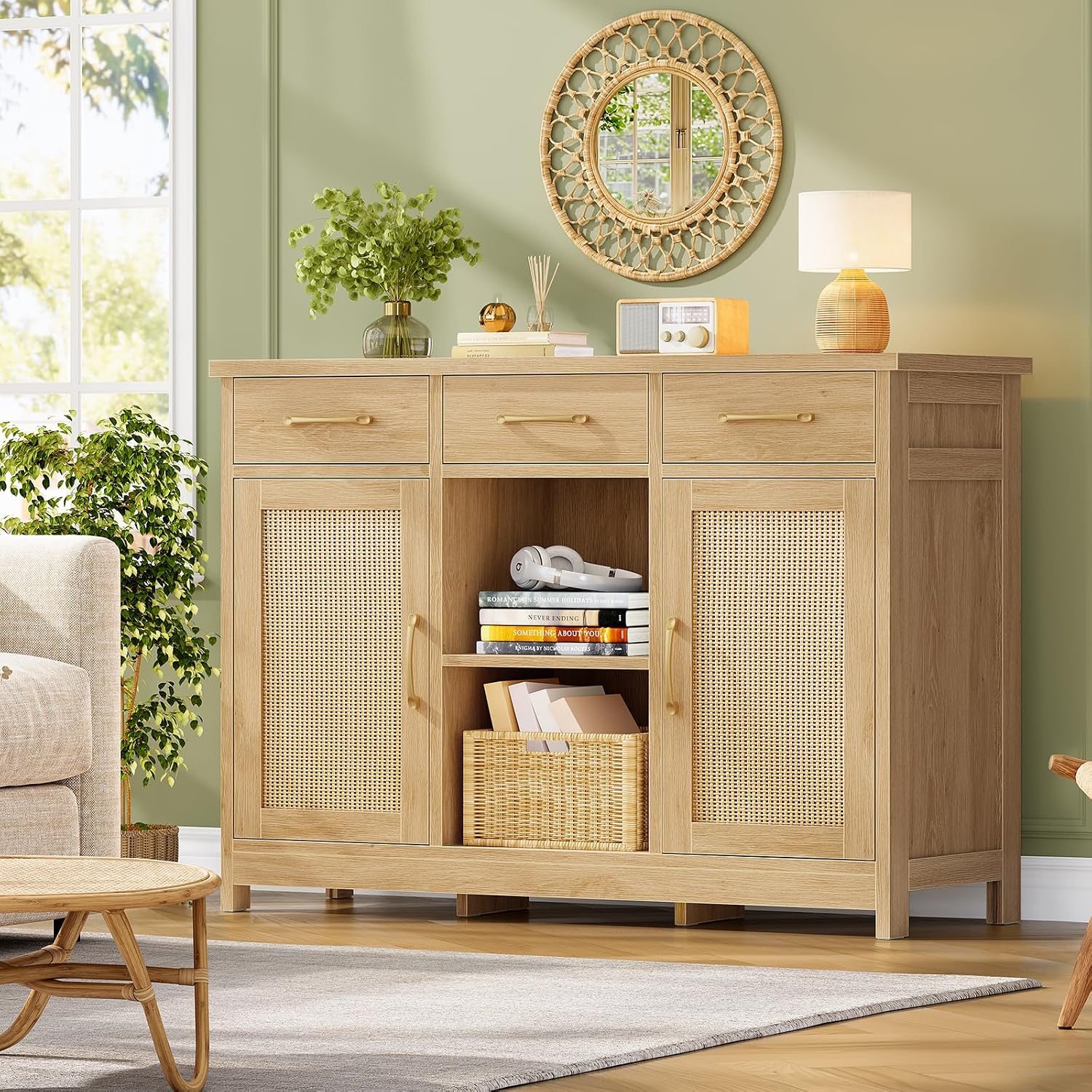 Detalle de TEENFON buffet cabinet Coffee Bar Sideboard with 3 Drawers and 2 Adjustable Shelves
