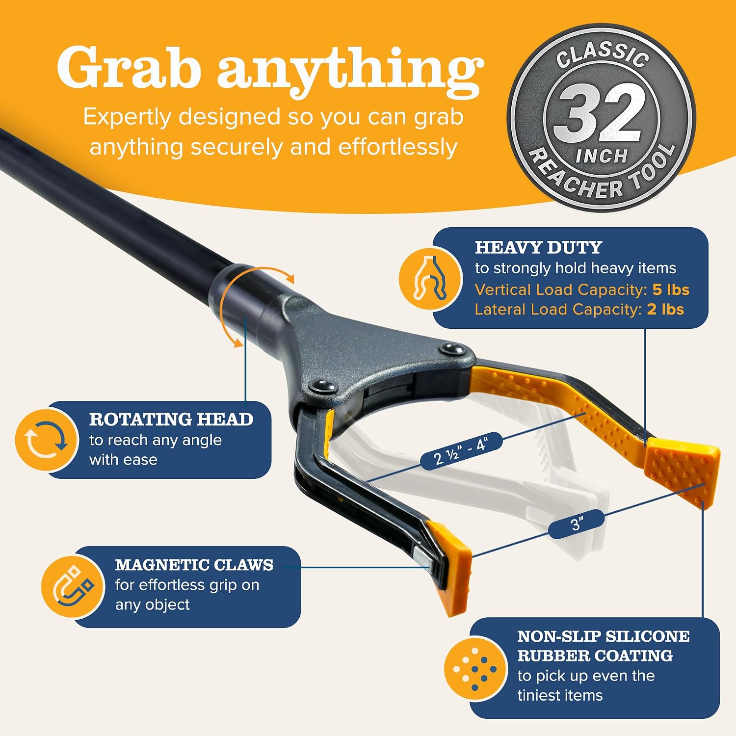 Detalle de EZPIK 32" Foldable Litter Picker-Grabber (2 Pack) – Heavy-Duty, Lightweight Reach Aid with Rotating Head and Magnetic Claw