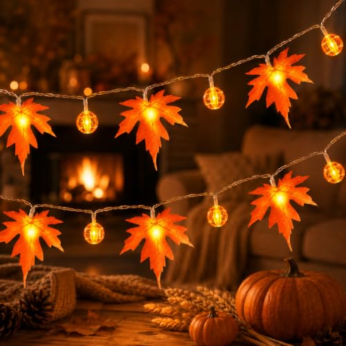 Detalle de LakiHomi Herbst Dekoration | 3 m LED-Lichterkette mit Ahornblättern und Kürbisperlen (20 LEDs, Timer)