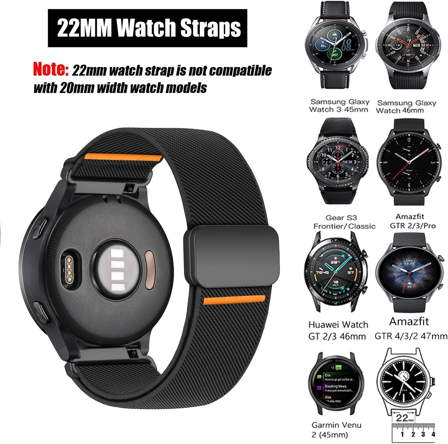 Detalle de SOLOLUP 22mm Elastic Magnetic Nylon Strap for Samsung Galaxy Watch 3/46mm and Wide Compatibility across Garmin, Huawei, and more