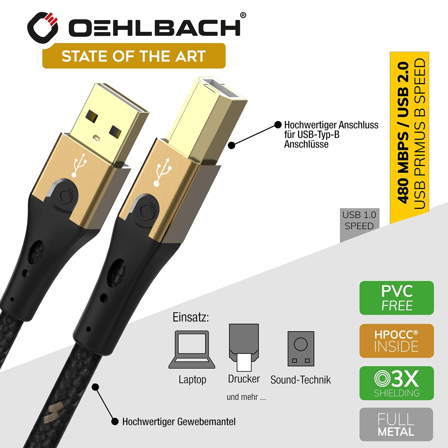 Detalle de Oehlbach Primus kabel USB-A–USB-B 2.0, 50 cm, 480 Mb/s