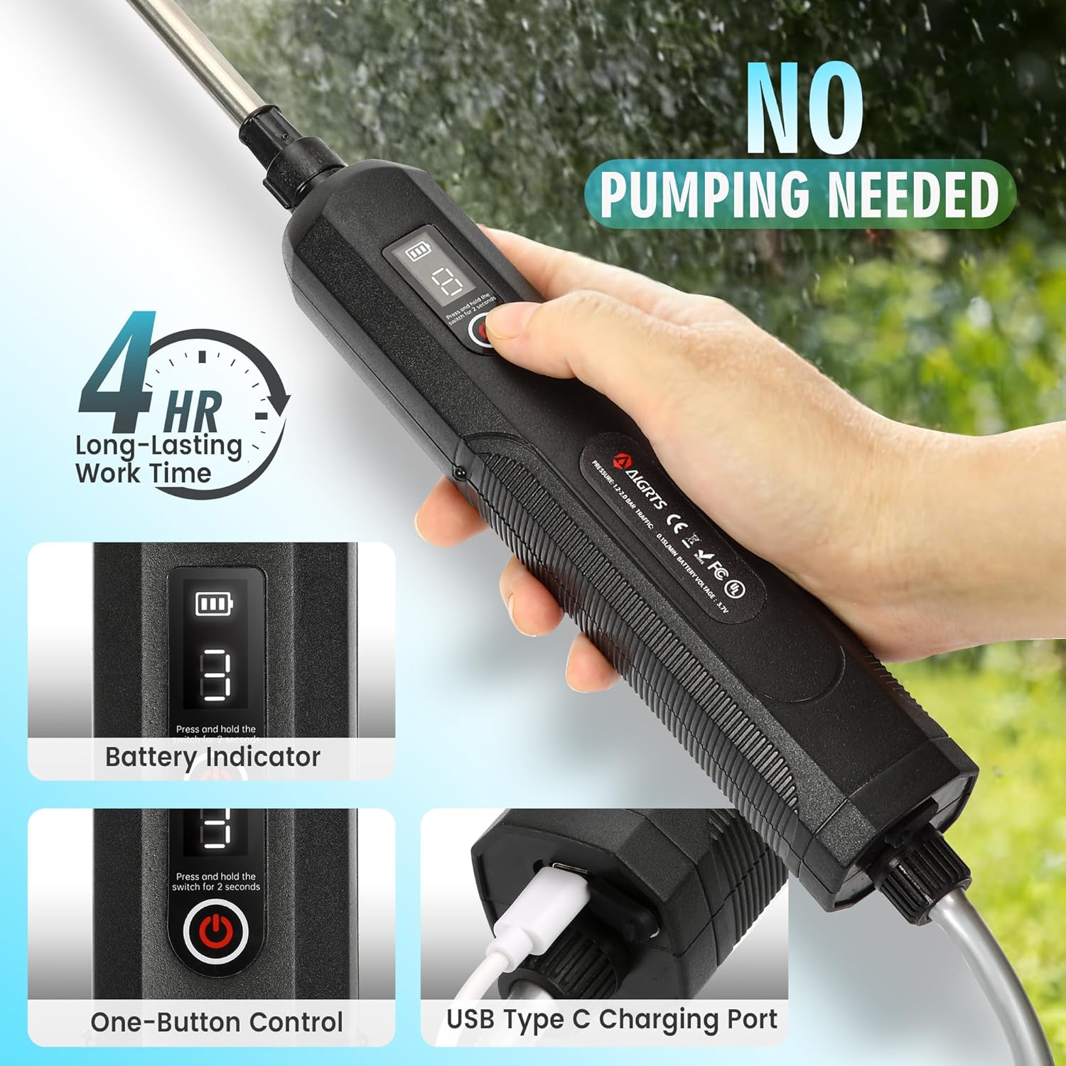 Thumbnail 3 de BesWin Battery Powered Sprayer 8L – Rechargeable Electric Garden Sprayer with 3 Speeds, Battery Indicator and Retractable Wand