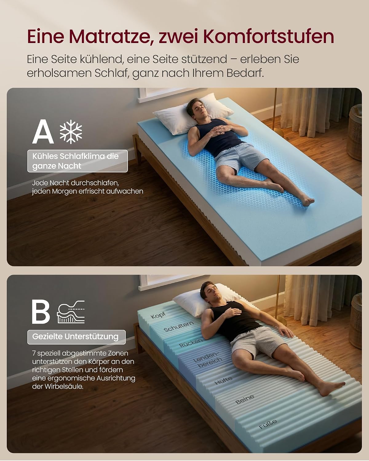 Thumbnail 3 de VASAGLE Matratze RMZ112W101 90 x 200 cm – Gel-Memory-Einzelmatratze, 7 Zonen, mittelfest (H3)