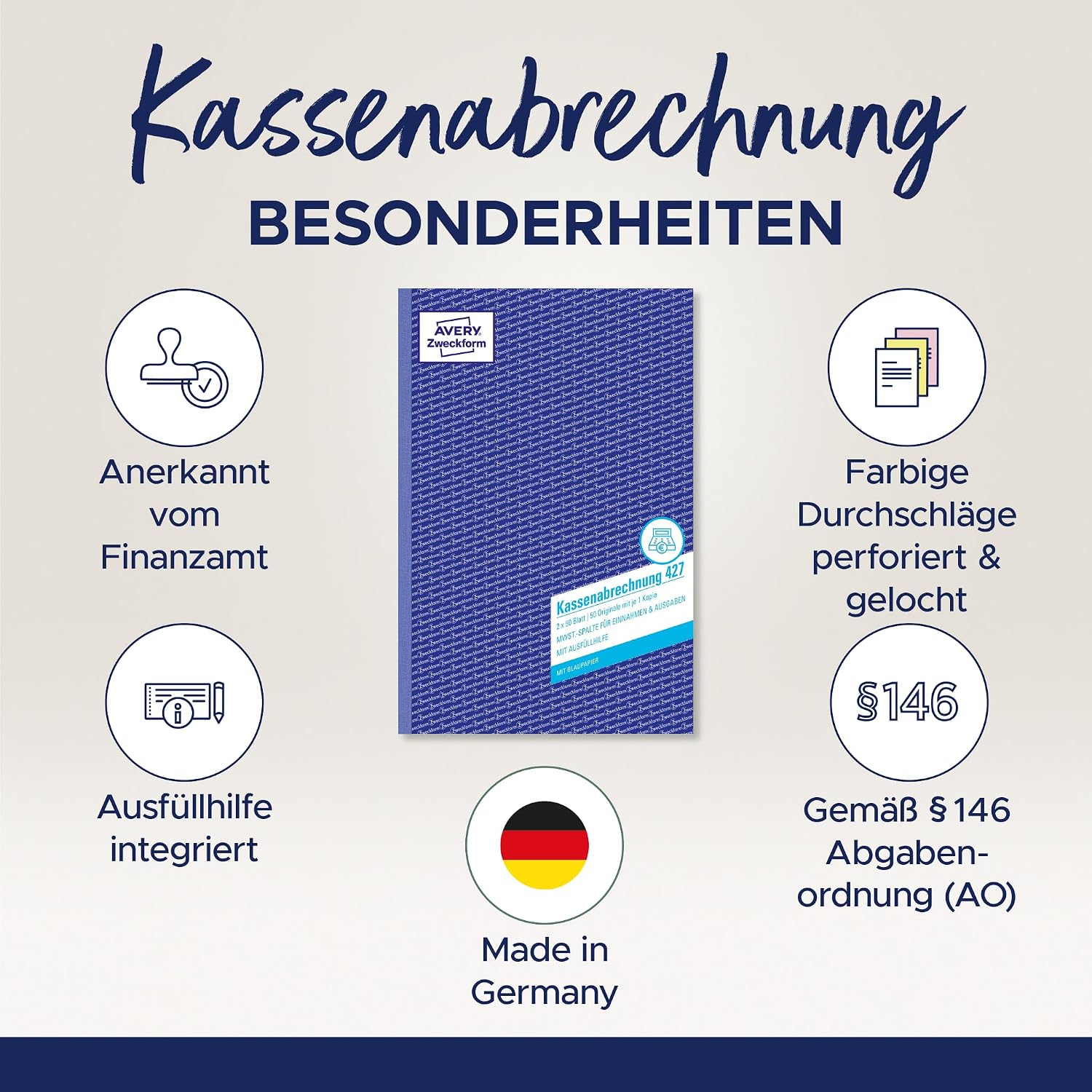 Detalle 2 de AVERY Zweckform 427 Kassenabrechnung – Brutto-/Netto- und MwSt.-Aufschlüsselung (A4, 2x50 Blatt, Blaupapier, DE/AT)