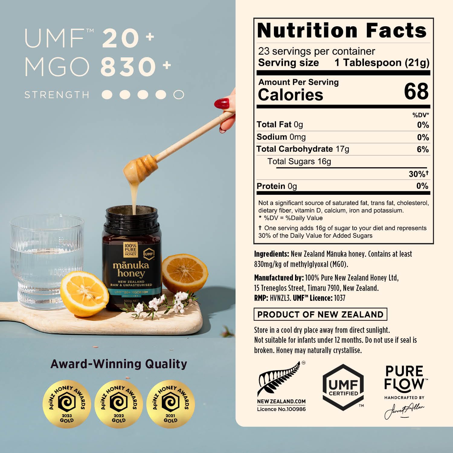 Thumbnail 1 de 100% Pure New Zealand Honey Manuka Honey UMF 20+, MGO 830+, 17.6 oz Jar