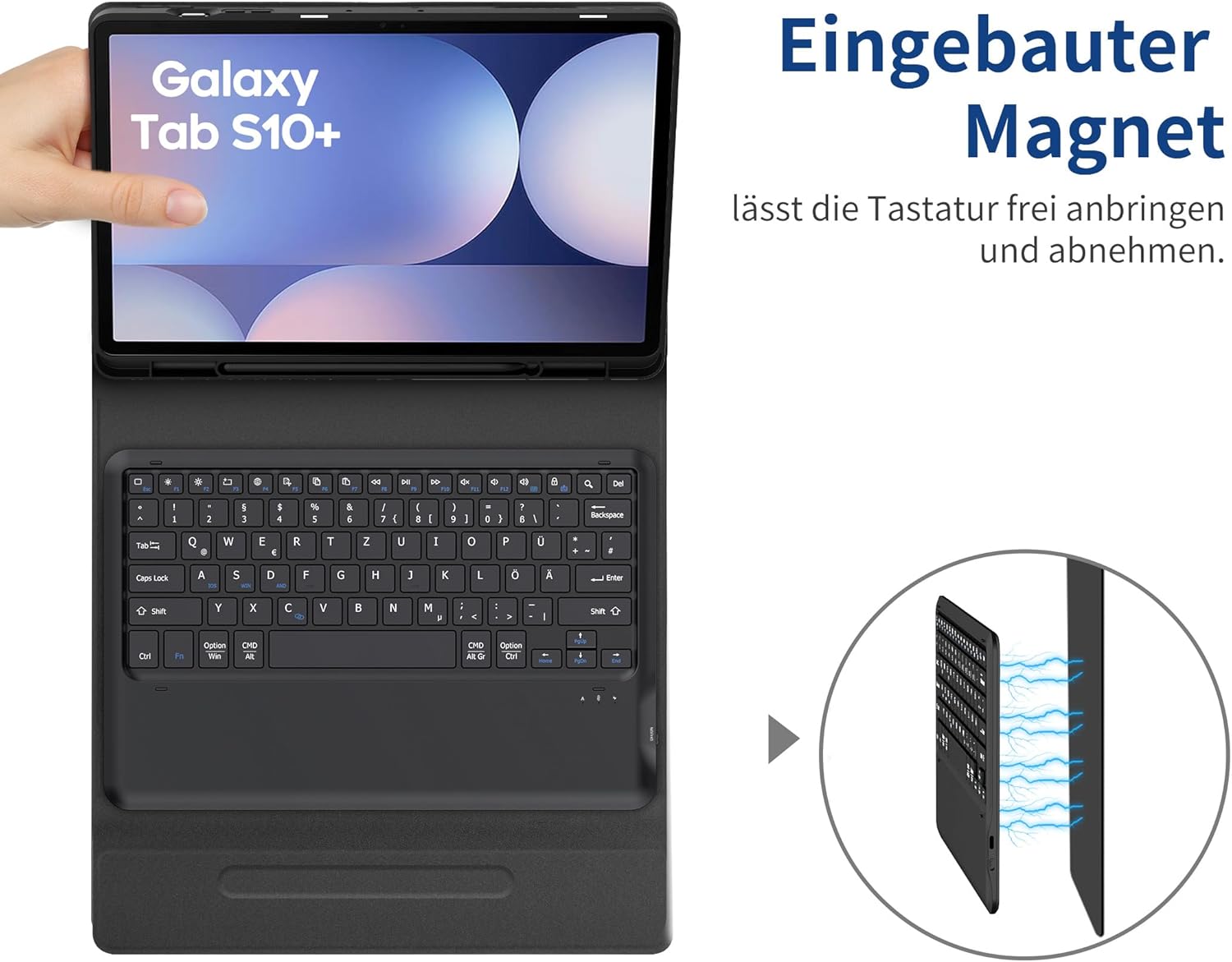 Thumbnail 3 de EasyAcc Tastaturhülle für Samsung Galaxy Tab S9 FE+ / S9+ / S10+ 12,4 Zoll (QWERTZ, abnehmbar) inkl. Stifthalter – Schwarz