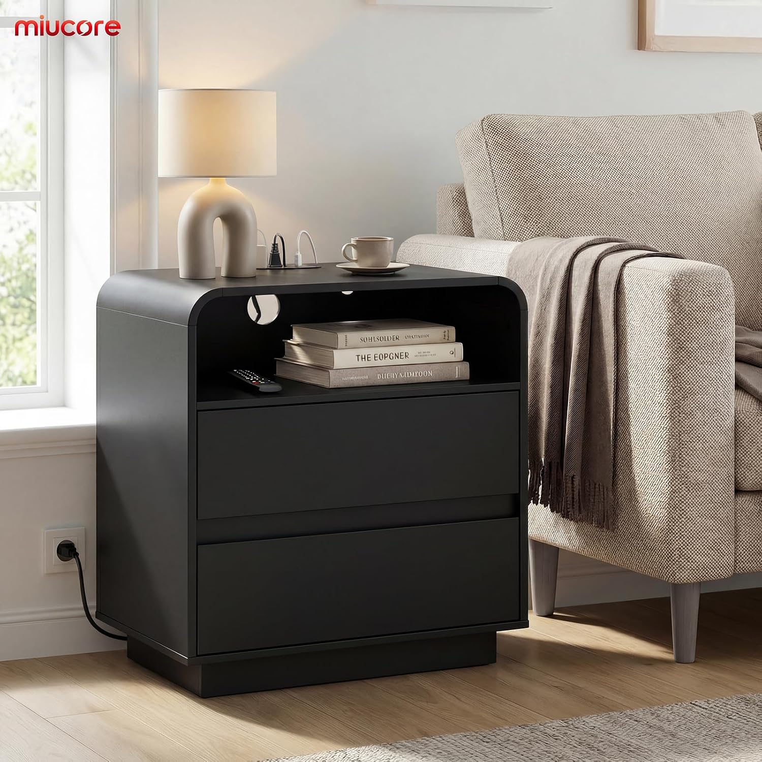 Detalle de Miucore 25" Tall Modern Nightstand with Charging Station, 2 Drawers, Black