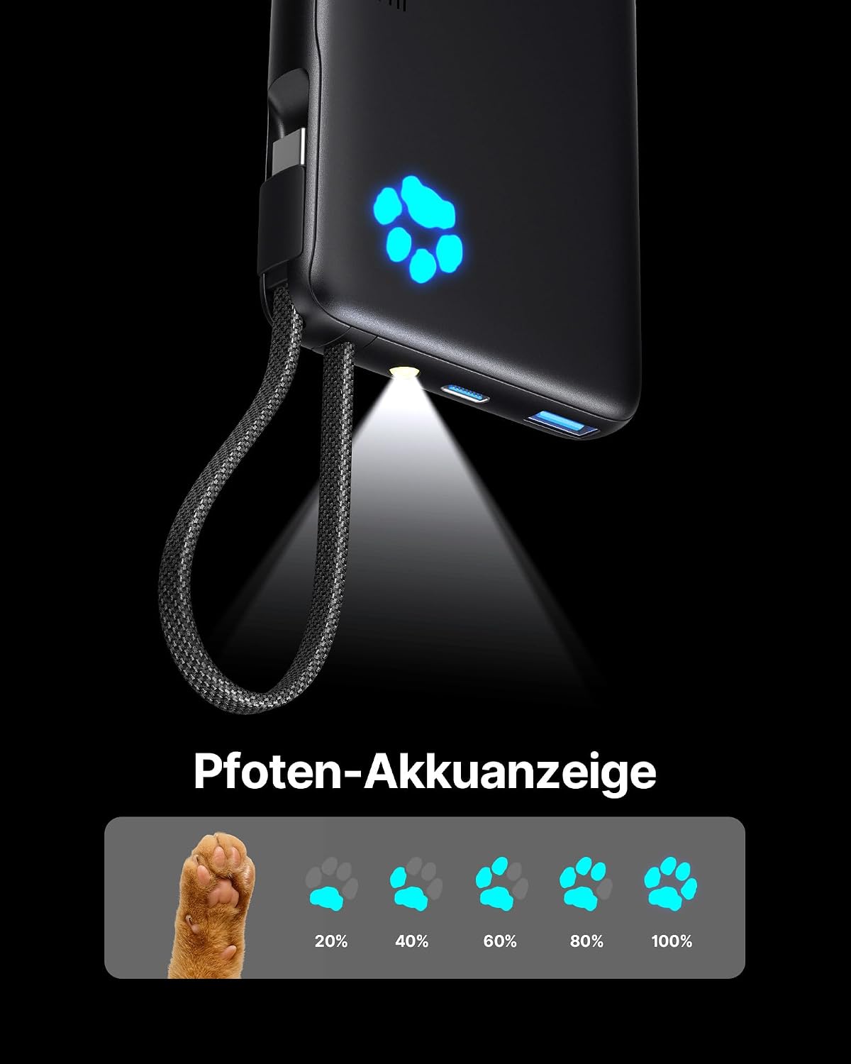 Detalle 2 de INIU Power Bank 45W Schnellladen – 10000mAh, integriertes USB-C Kabel, kompakt & flugzeugtauglich