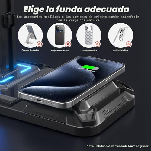 Detalle de KDD LED: Soporte para Auriculares Gaming con Carga Inalámbrica, Mando PS5 y Cascos – 2 USB, USB-C y 9 Modos de Luz