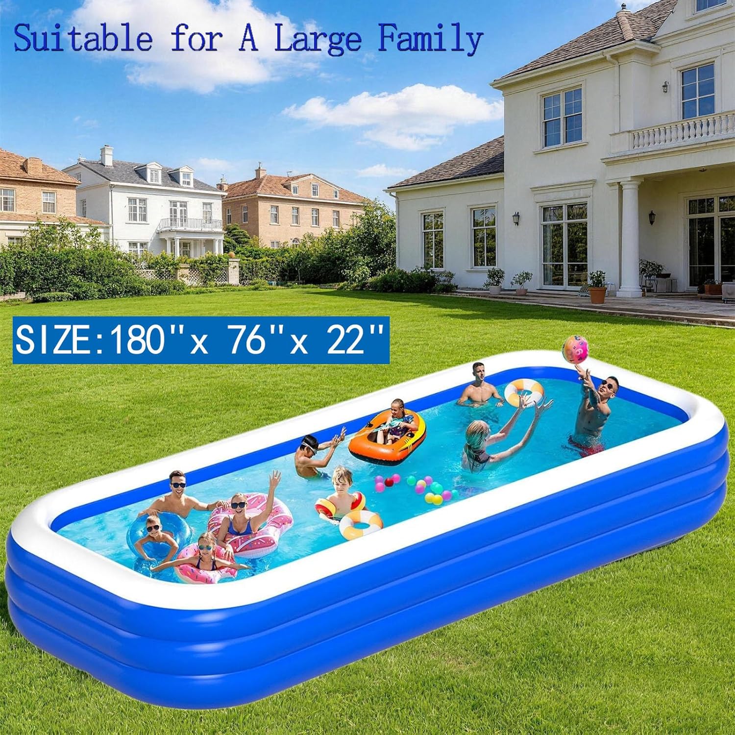 Detalle de Extra Large Inflatable Pool for Adults (180" x 76" x 22"): Oversized Backyard Fun with 3-Chamber Safety & Pump