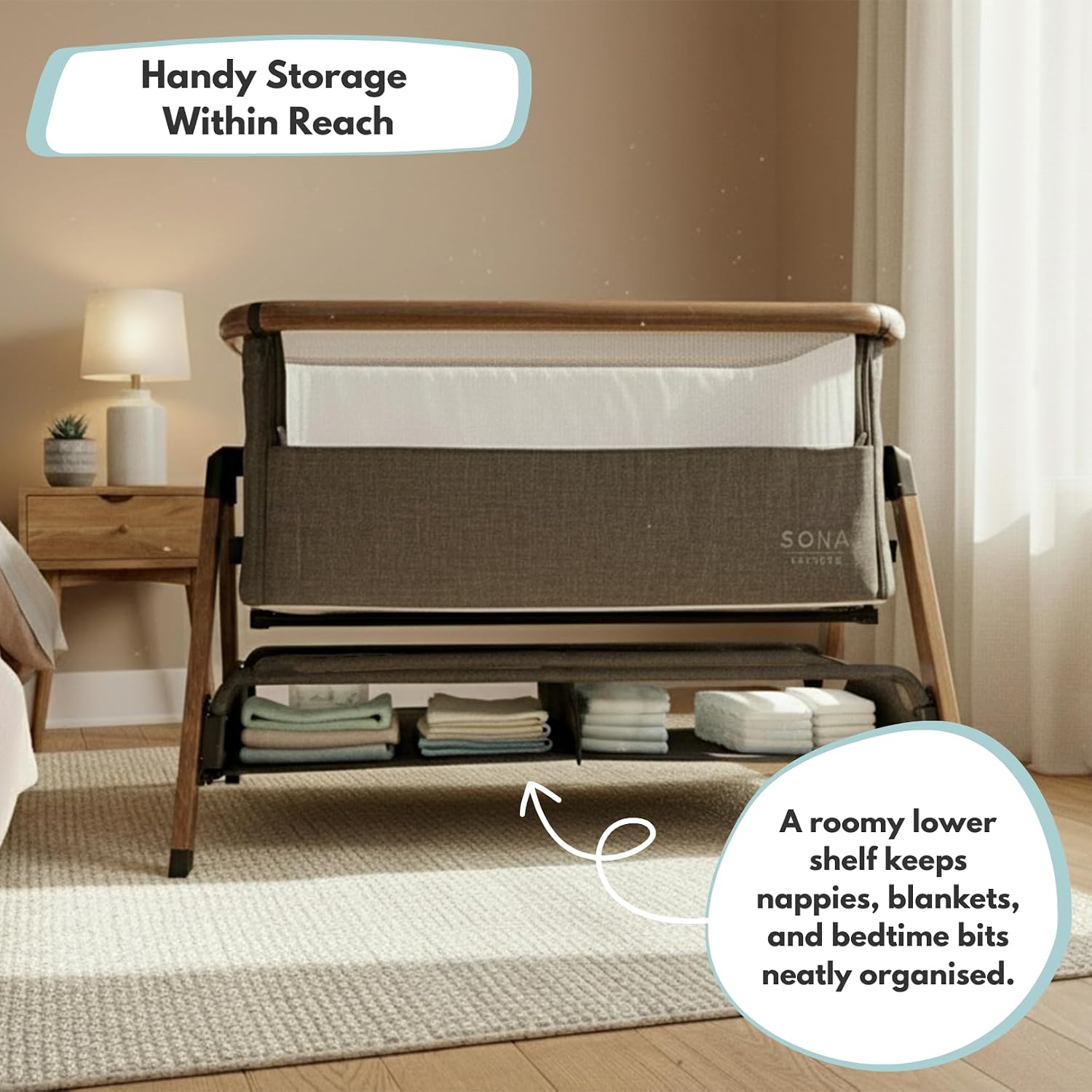 Detalle 2 de Venture Sona Bedside Crib adjustable co‑sleeper bassinet for 0–6 months