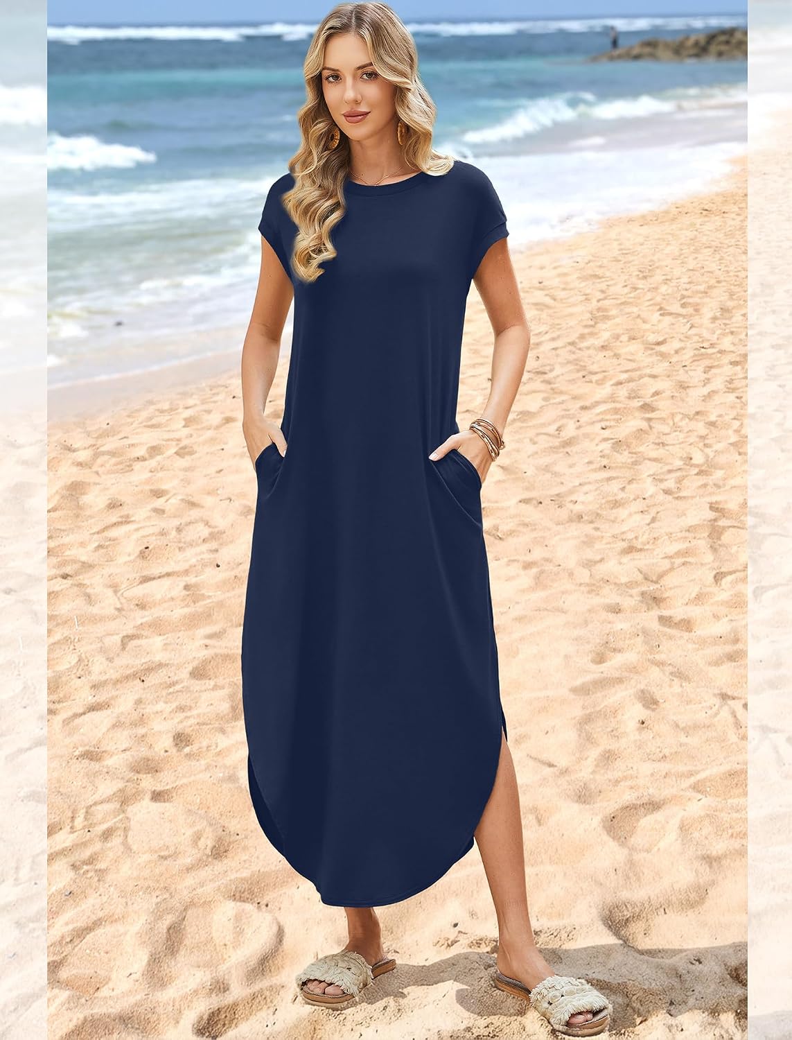 Detalle de WIHOLL Summer Dresses Cap Sleeve Crewneck Maxi Dress with Pockets