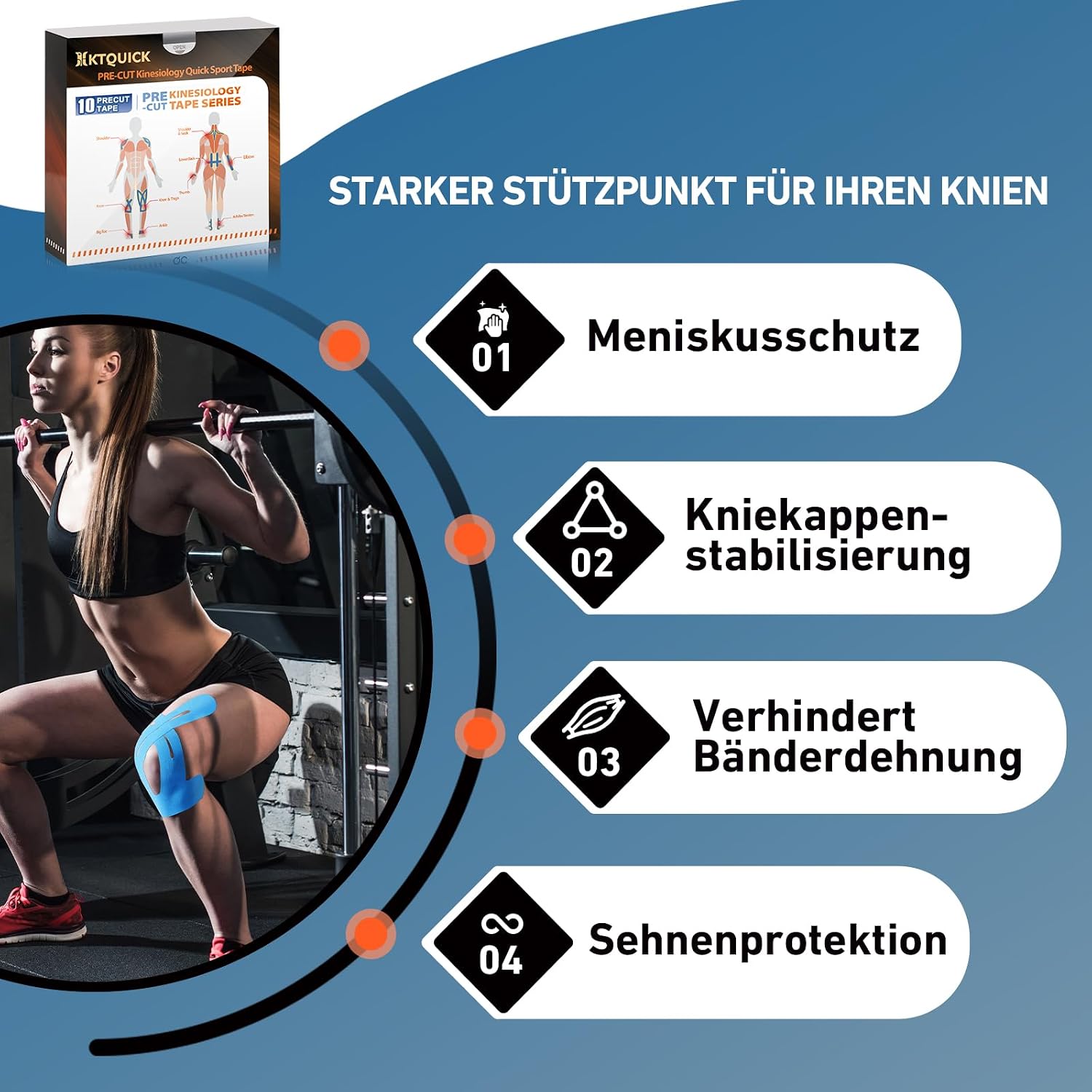 Detalle 2 de PreCut Kinesiotapes Kinesiologie-Tapes (vorgeschnitten) für Knie – wasserfest, elastisch & hautfreundlich, 10 Streifen – blau