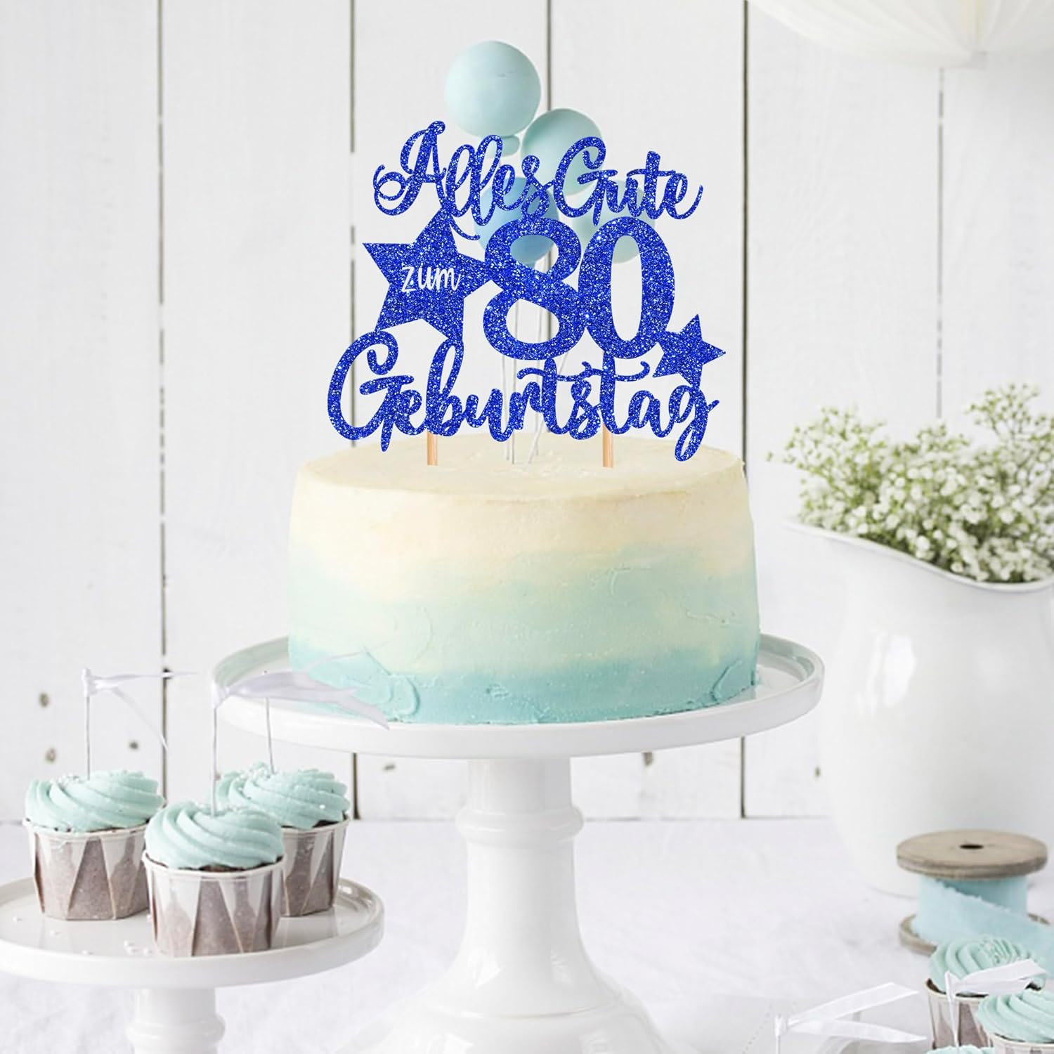 Thumbnail 2 de 80er Geburtstag Kuchen Topper – 1 Stück Blau, Alles Gute zum 80. Geburtstag, fertige Tortendekoration