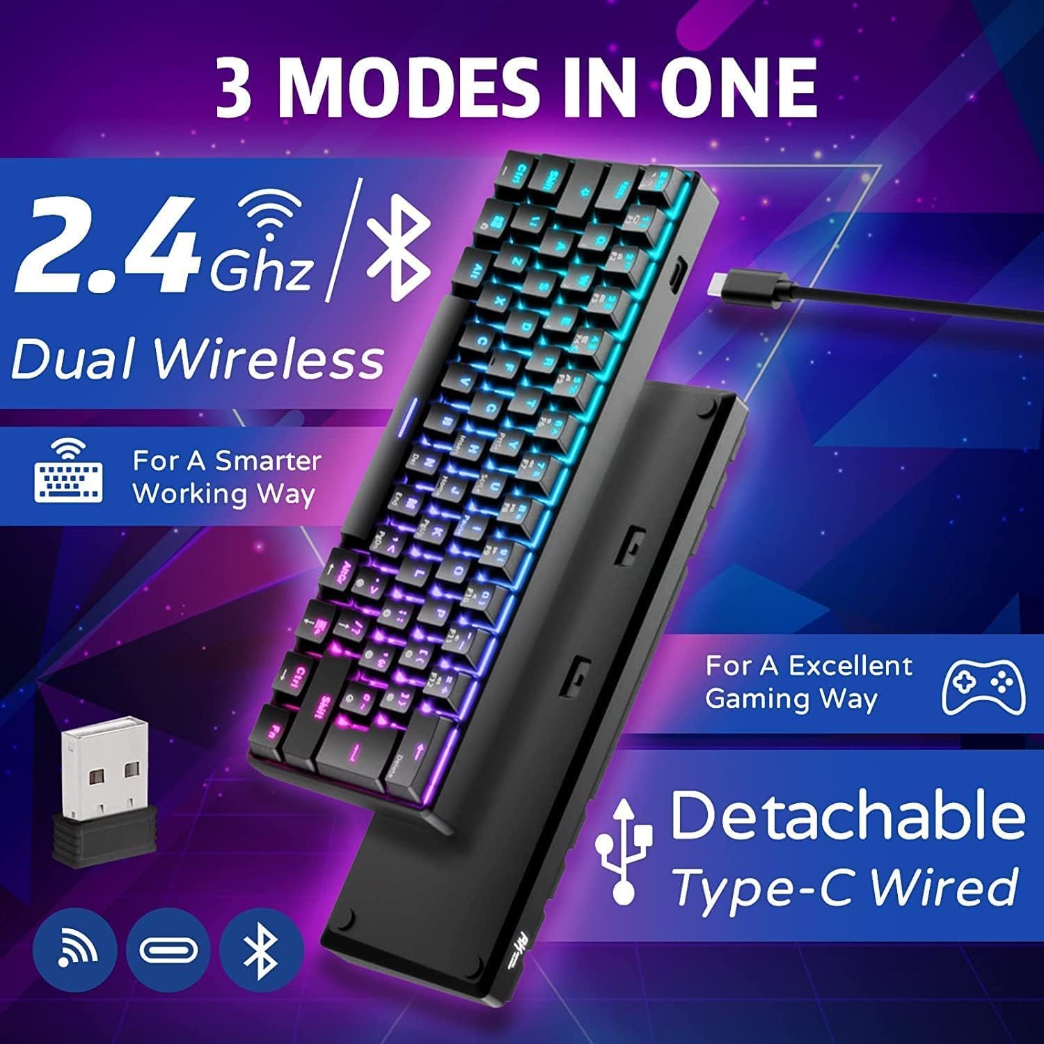 Detalle 2 de RK ROYAL KLUDGE RK61 61‑Tasten 2,4 GHz ⌨