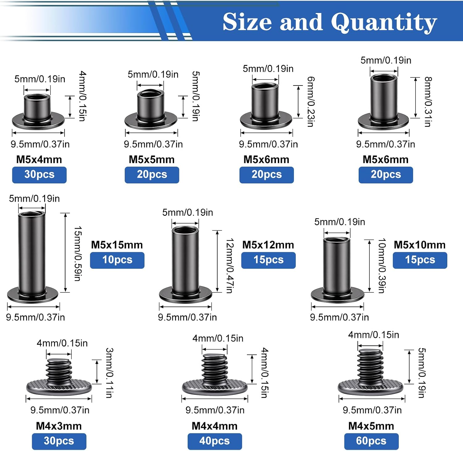 Detalle 2 de smseace 260-Piece Black Chicago Screw Kit, 7 M5 Lengths, Carbon Steel