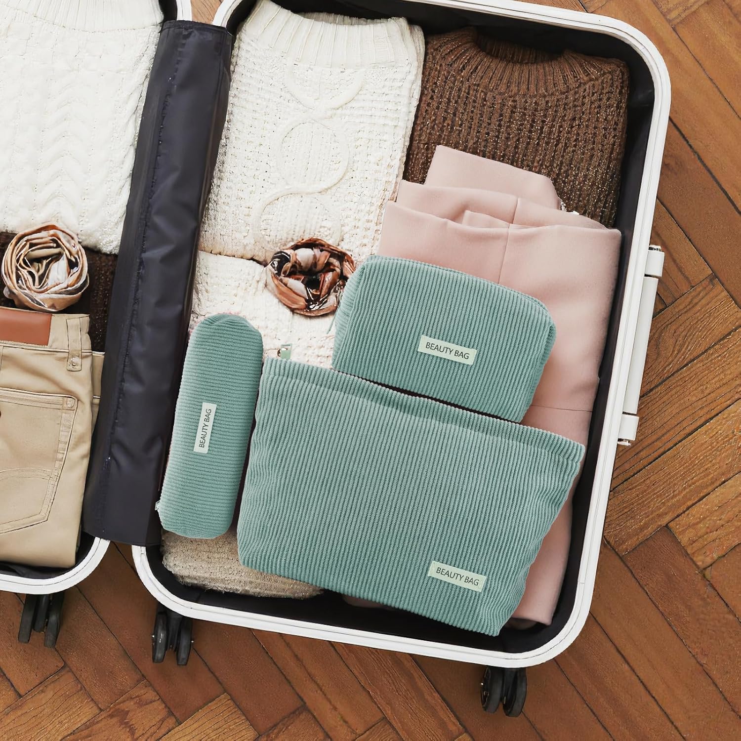 Detalle de Kosmetiktasche Damen 3 Stück – Kulturtasche mit Reißverschluss, grün, 3 Größen (Klein, Mittel, Groß) für Reisen und Alltag