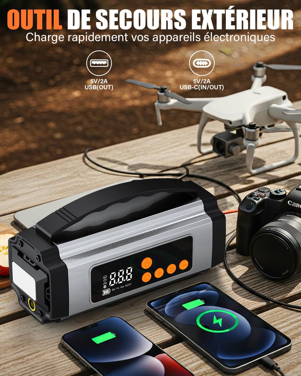 Thumbnail 4 de Onherm 7-en-1 Booster Batterie Voiture avec Gonfleur et Écran LCD – 2000A, 150 PSI