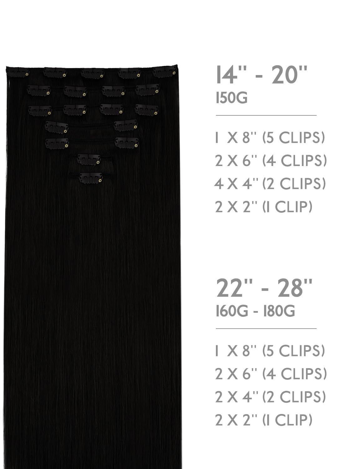 Detalle de WENNALIFE 22-inch Clip-in Hair Extensions (Remy Human Hair) – Jet Black, 150g with Clips (9 pcs)