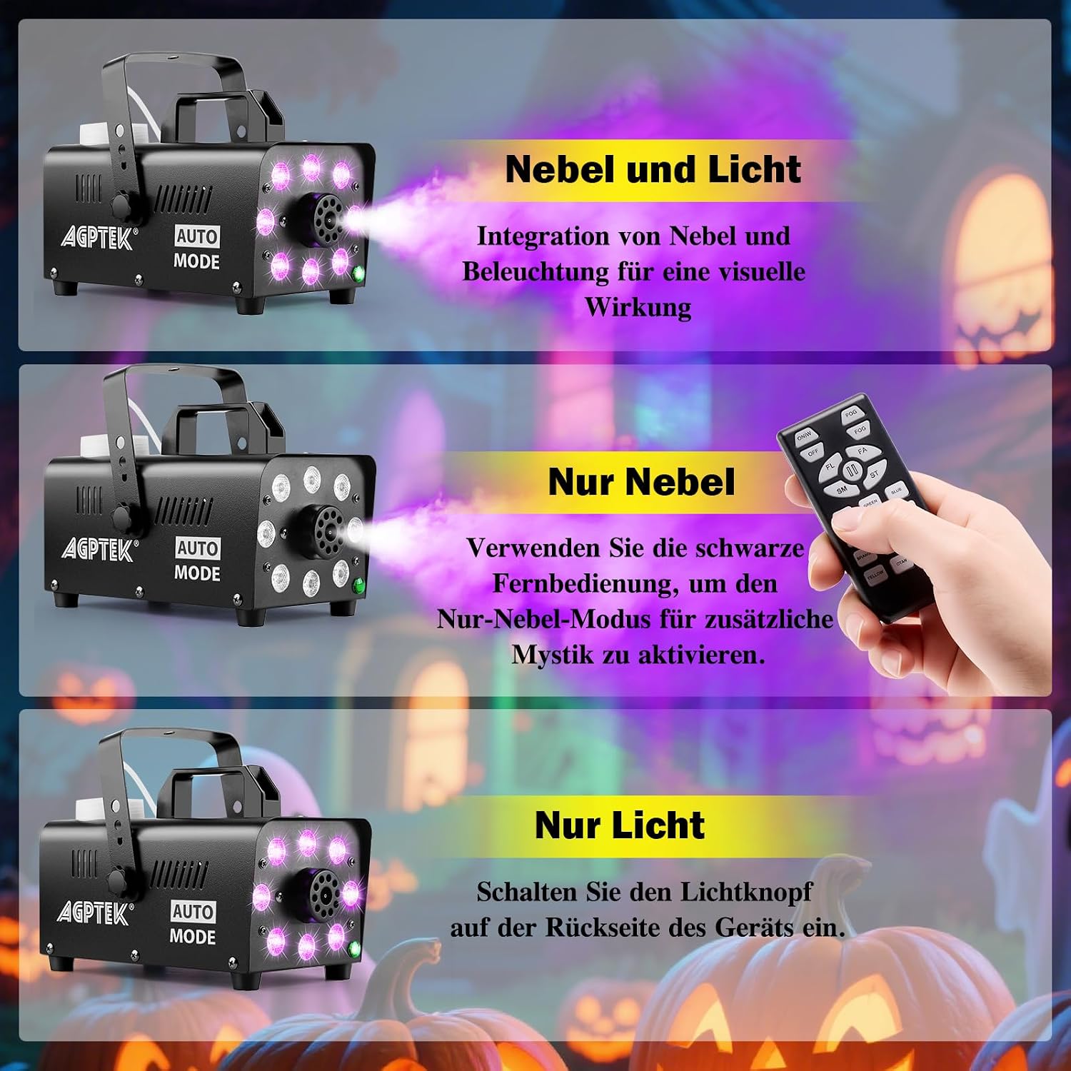 Detalle de AGPtEK Nebelmaschine – Rauchmaschine mit Auto-Sprühen Modus, 500 W, 13 RGB-Farben