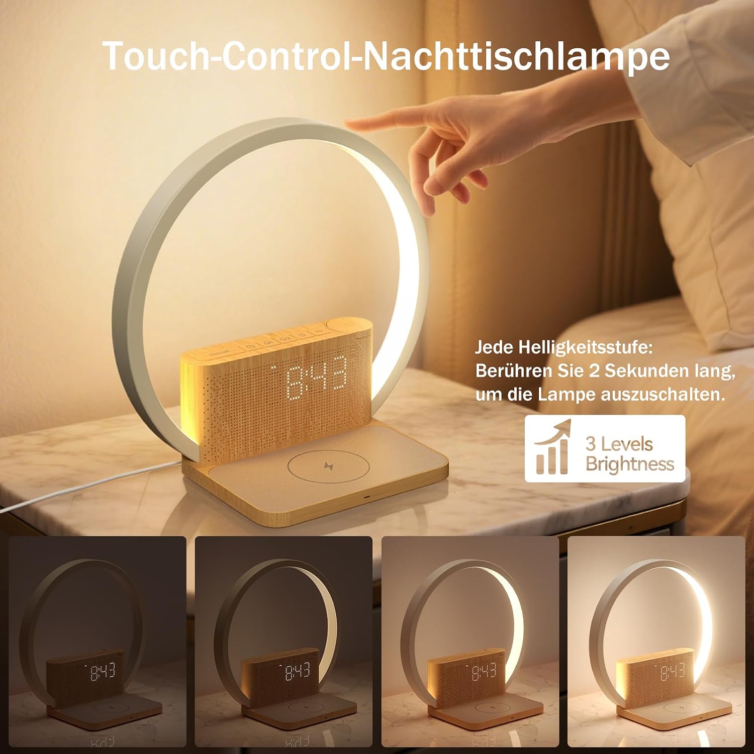 Detalle de blonbar Tageslichtwecker & Nachttischlampe mit Ladefunktion (Qi), 3-Stufen Touch Dimmer