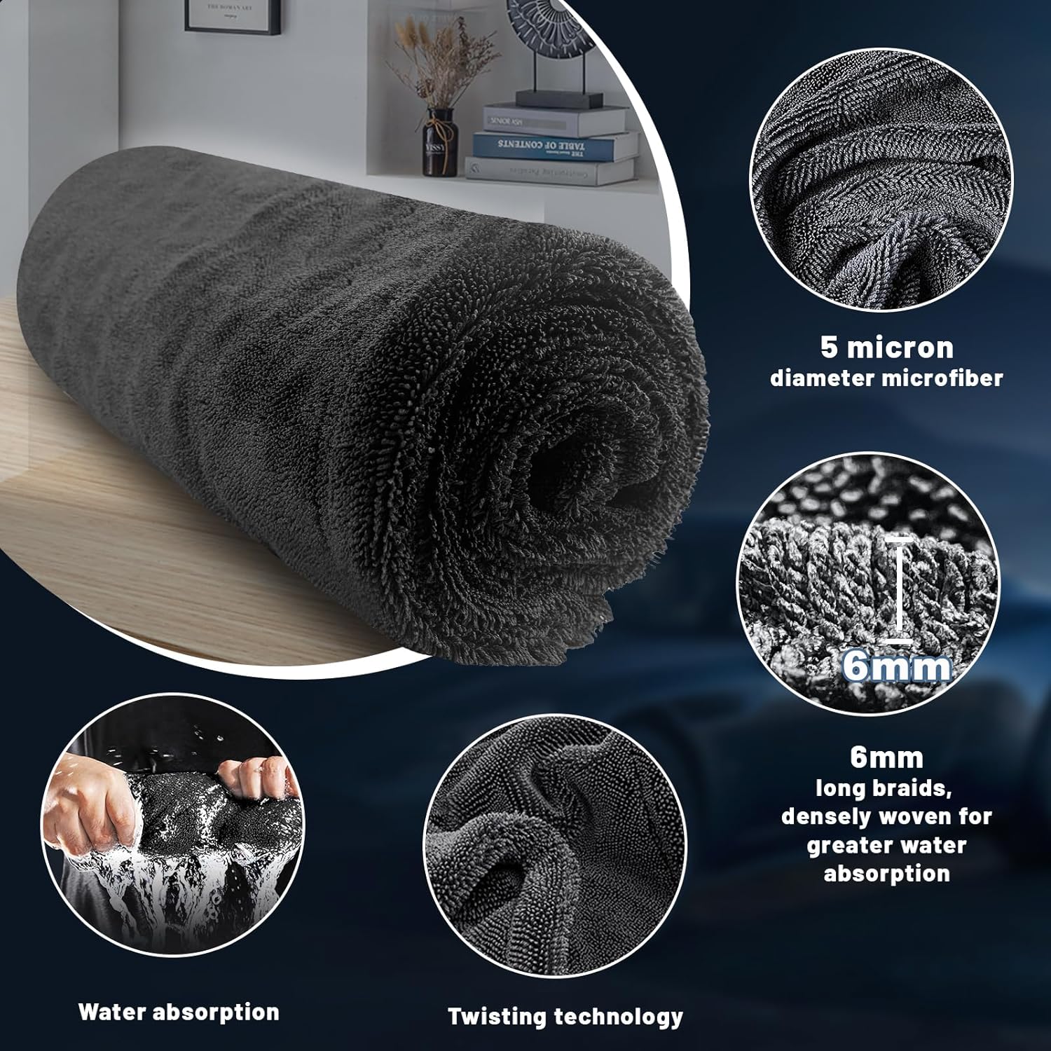 Thumbnail 4 de Ghguole 2pcs 90 × 70cm Car Drying Towel – Extra Large, 1500GSM, Double-Sided Microfibre for Fast, Lint-Free Drying
