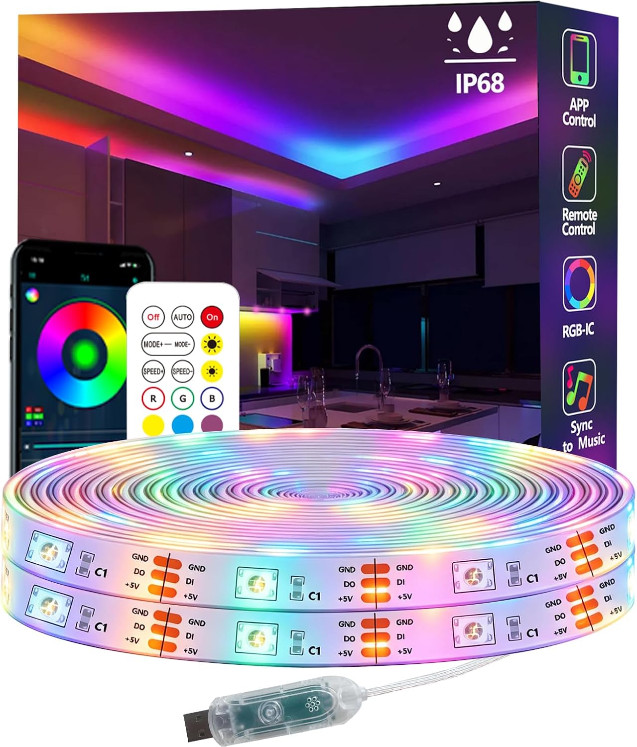 Detalle de httpsmp 32.8ft WS2812 RGB+IC LED Strip Lights – IP68 Waterproof Outdoor, USB Powered, Music Sync