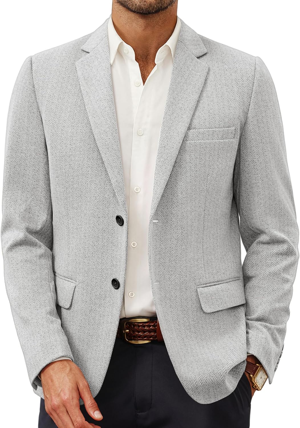 Detalle de PJ PAUL JONES Herringbone Knit Blazer, Lightweight Two-Button Sport Coat