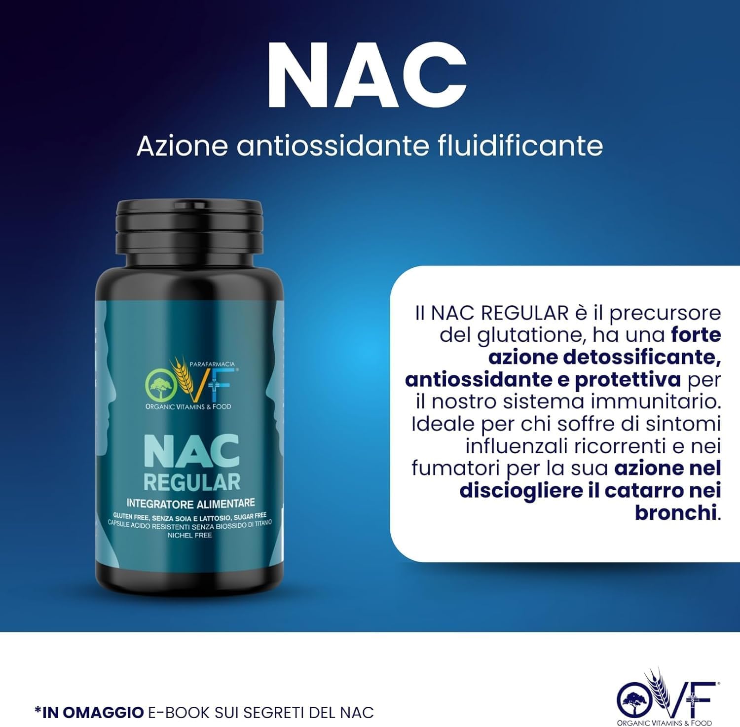 Detalle 2 de OVF NAC 600 mg - N-acetilcisteina 60 capsule, 2 mesi di fornitura, senza glutine e senza lattosio