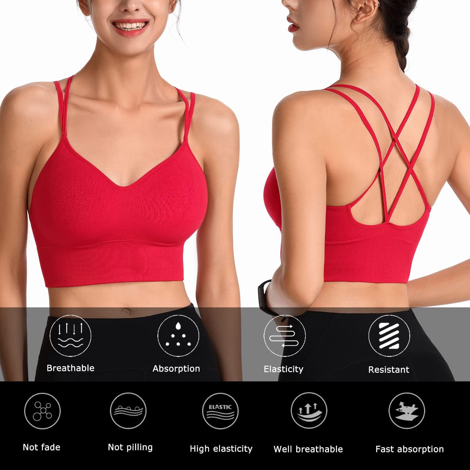 Detalle 2 de HANERDUN Damen Sport-BH Yoga mit Gepolsterten Cups, nahtlos und ohne Bügel (mittelstark) – atmungsaktiv & Crisscross-Back