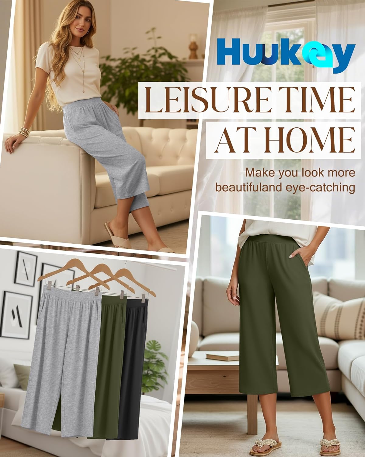 Detalle de Huukeay 3 Pack Women's Capri Sweatpants – Cozy Wide-Leg Cropped Capris with Pockets