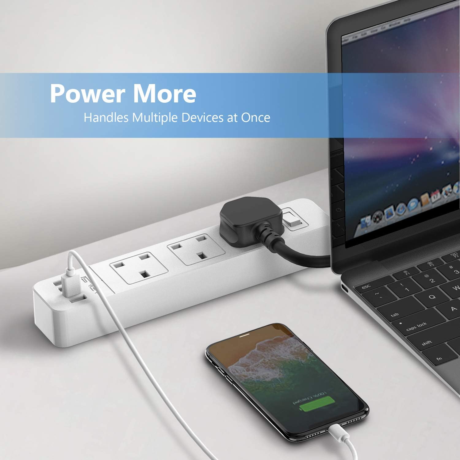 Thumbnail 6 de JSVER Extension Lead USB Power Strip (3 AC sockets, 4 USB ports) with 3m lead – 13A, White