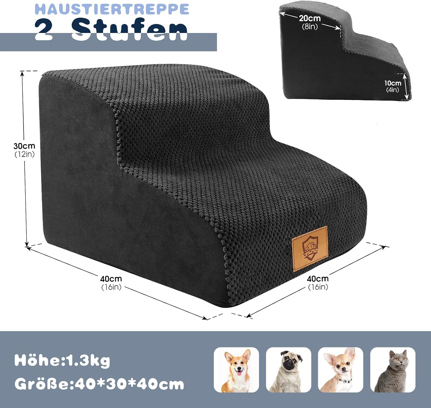 Detalle de Thihome Hundetreppe mit 2 Stufen (40 x 40 x 30 cm), rutschfest, mit waschbarem Bezug und 30D-Schaum
