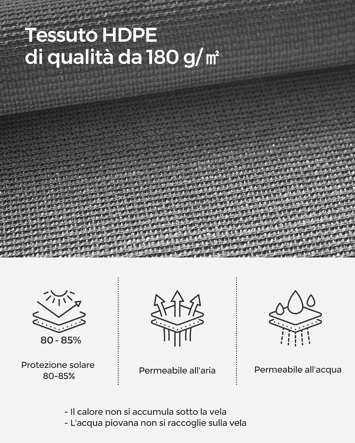 Detalle de Vela parasole SONGMICS 3 x 4 m in tessuto HDPE grigio fumo – protezione permeabile per terrazza e giardino