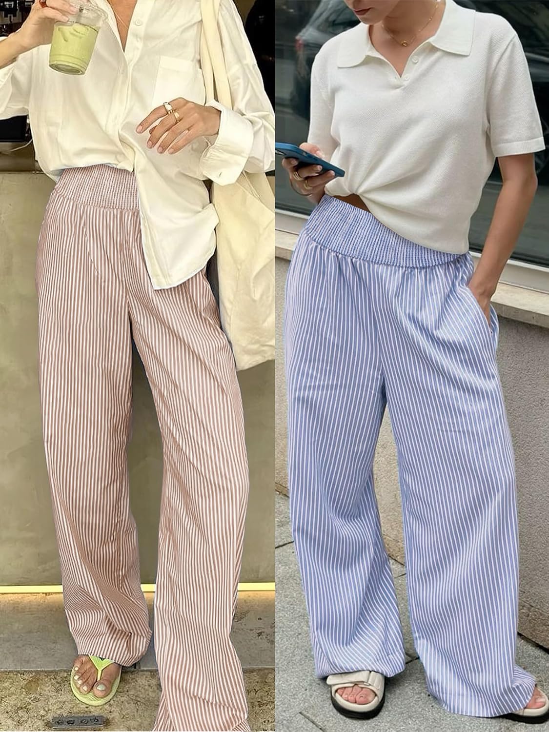 Detalle de ANRABESS Striped Gingham Palazzo Pants — Wide-Leg, Smocked High-Waisted Pajama/Lounge Pants with Pockets