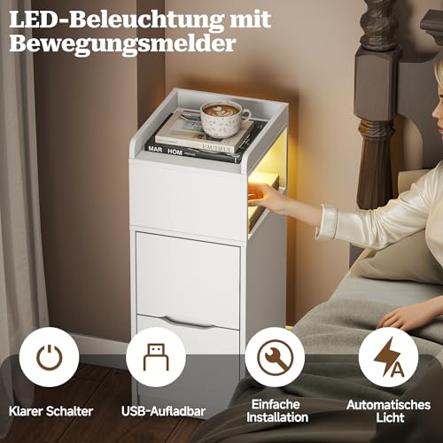 Detalle de Quikraen Nachttisch Schmal mit Steckdose und LED – Weiß, 26.2x29.6x65 cm