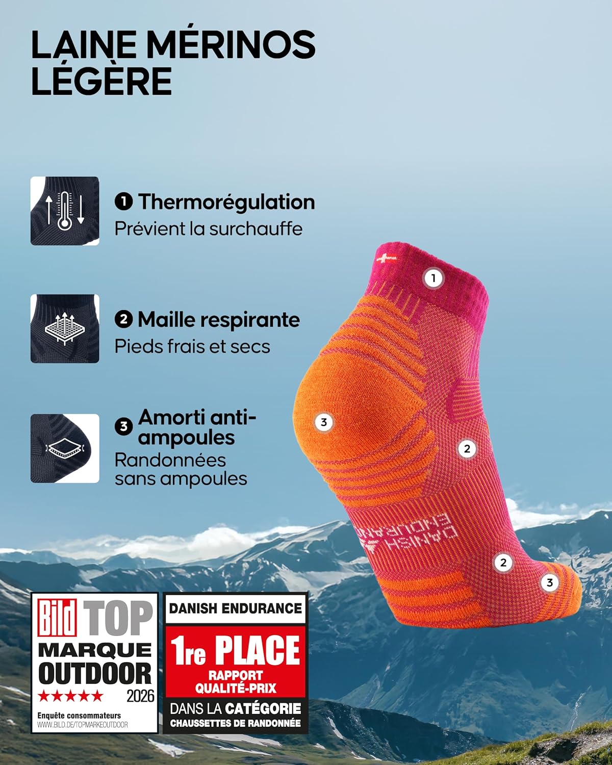 Thumbnail 1 de DANISH ENDURANCE Chaussettes de Randonnée en Laine Mérinos Légères (3 paires) – Unisex