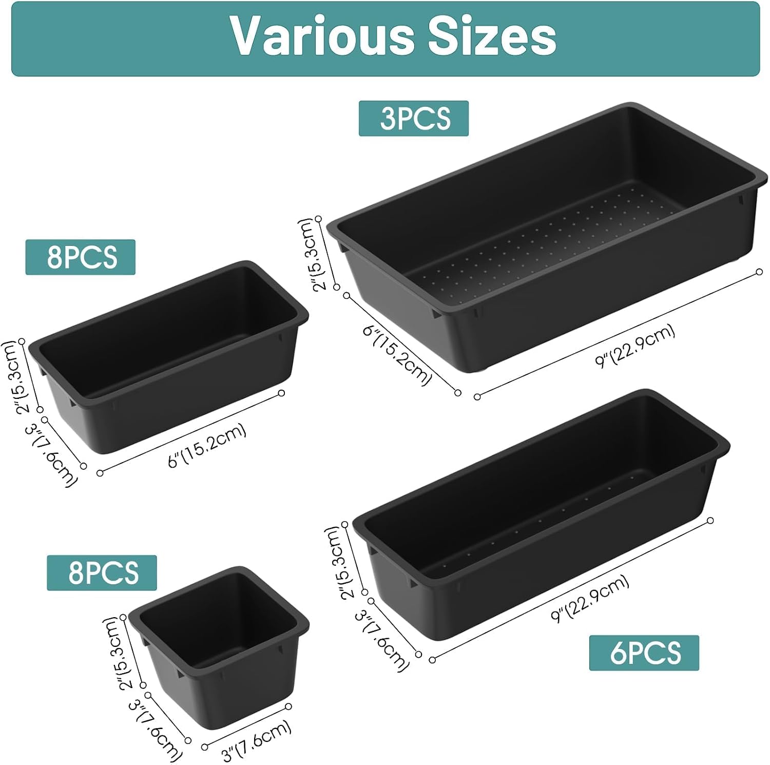 Detalle de WOWBOX 25-Piece Plastic Drawer Organizer Set, Deep Black, Stackable Bins