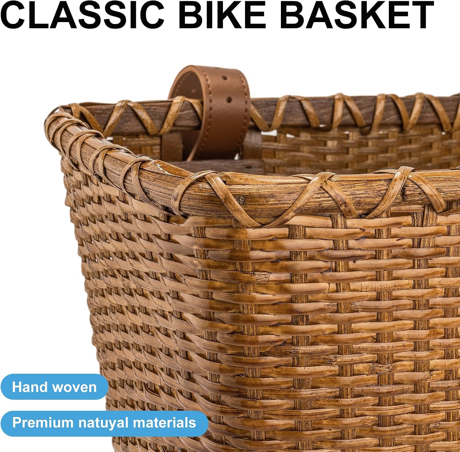 Thumbnail 4 de KONG MING CAR rotan fietsmand voor het stuur met houten bodem en leren riemen