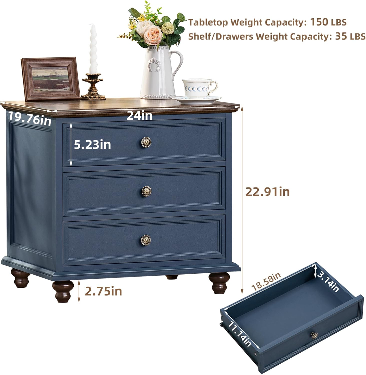 Detalle de Joaxswe Model 1 Farmhouse Nightstand Set of 2, Navy Blue, 3 Drawers