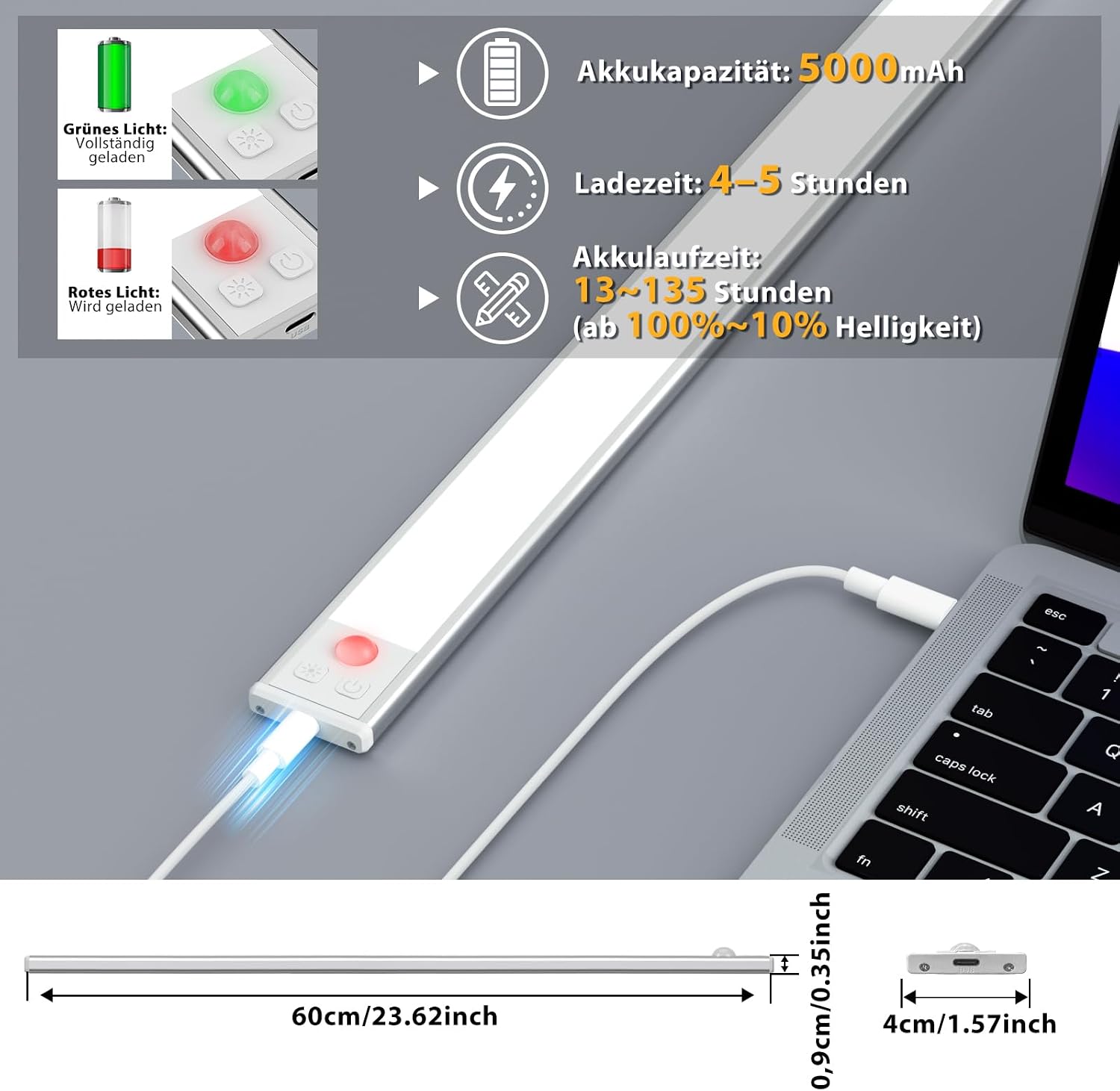 Detalle de OUILA Schrankbeleuchtung LED 60 cm mit Bewegungsmelder, 3 Farbmodi und USB-C (wiederaufladbar)