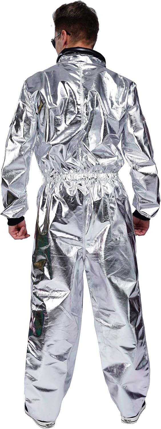 Detalle 1 de Men's Silver Astronaut Costume, Metallic Jumpsuit with Embroidered Patches