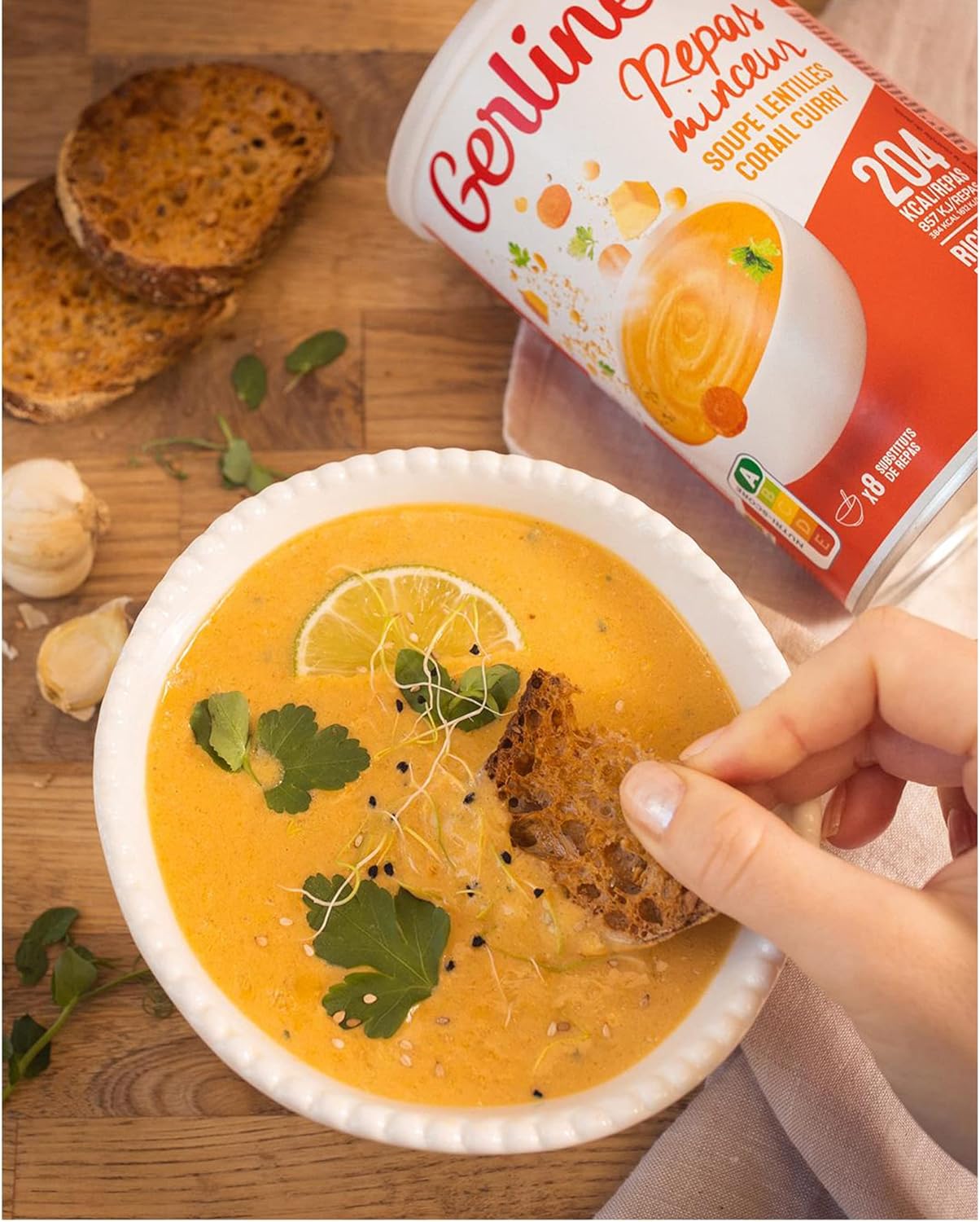 Detalle de GERLINÉA Soupe Lentilles Corail Curry – Substitut de Repas Minceur, 8 Repas, 424 g