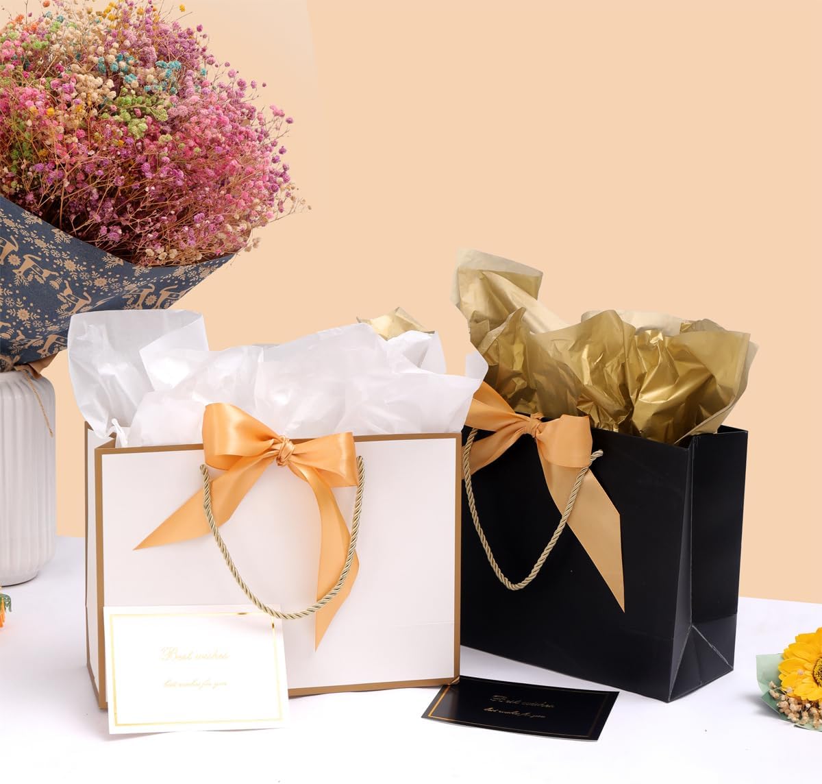 Thumbnail 3 de Dimetey 8-Pack Metallic Paper Gift Bags with Handles, Bow Ribbon, Tissue & Card (White, 20 x 28 x 10cm)