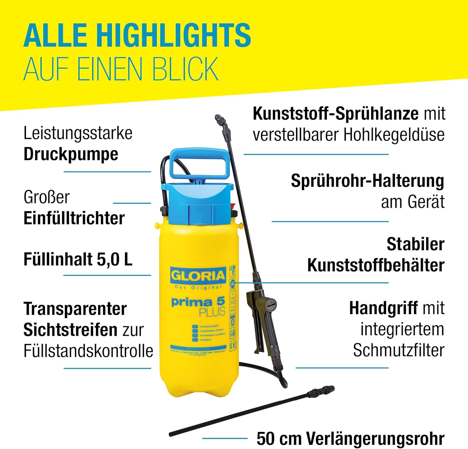Detalle de GLORIA prima 5 Plus: Säurebeständiger 5-Liter-Drucksprüher mit Verlängerungslanze