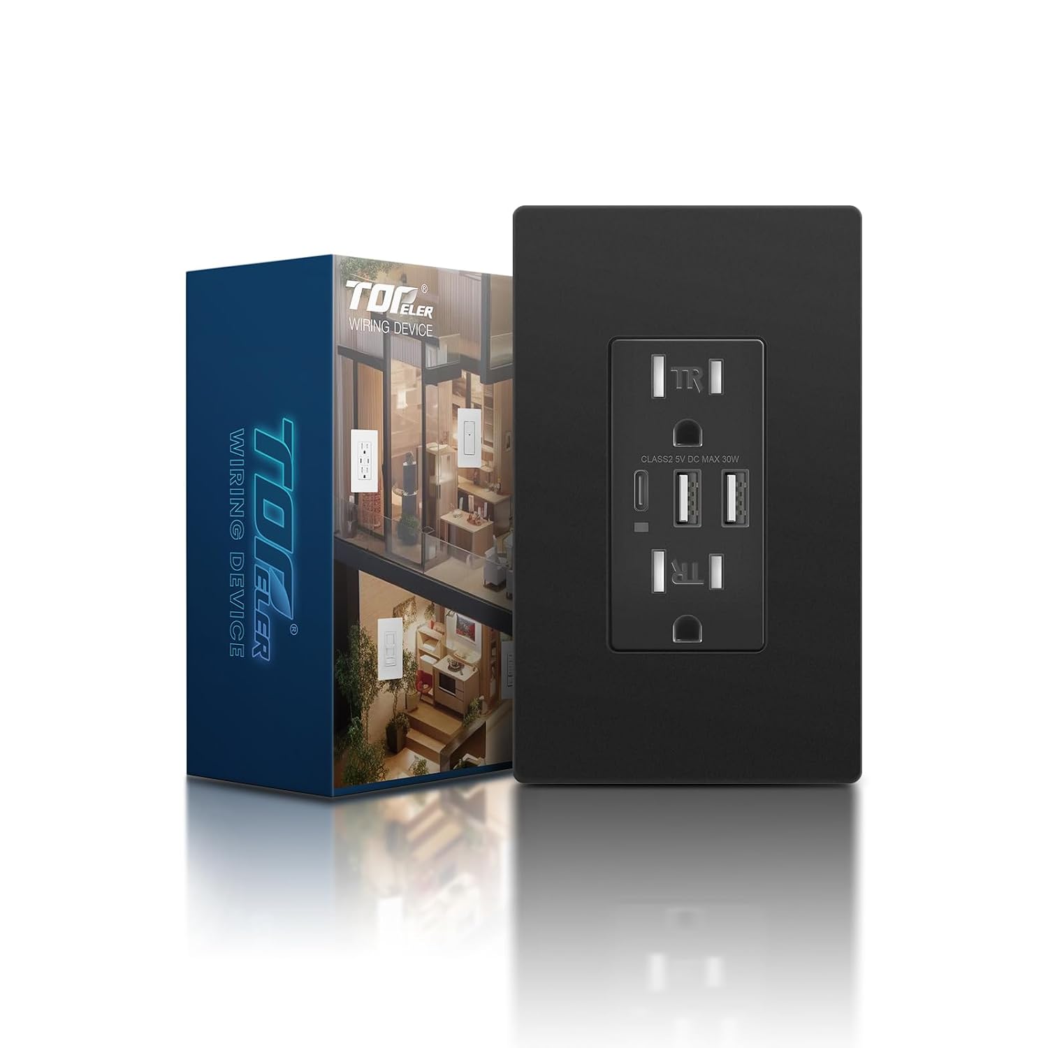 Detalle de TOPELER Black 3-Port USB Wall Outlet, 30W USB-C, 15A Tamper-Resistant