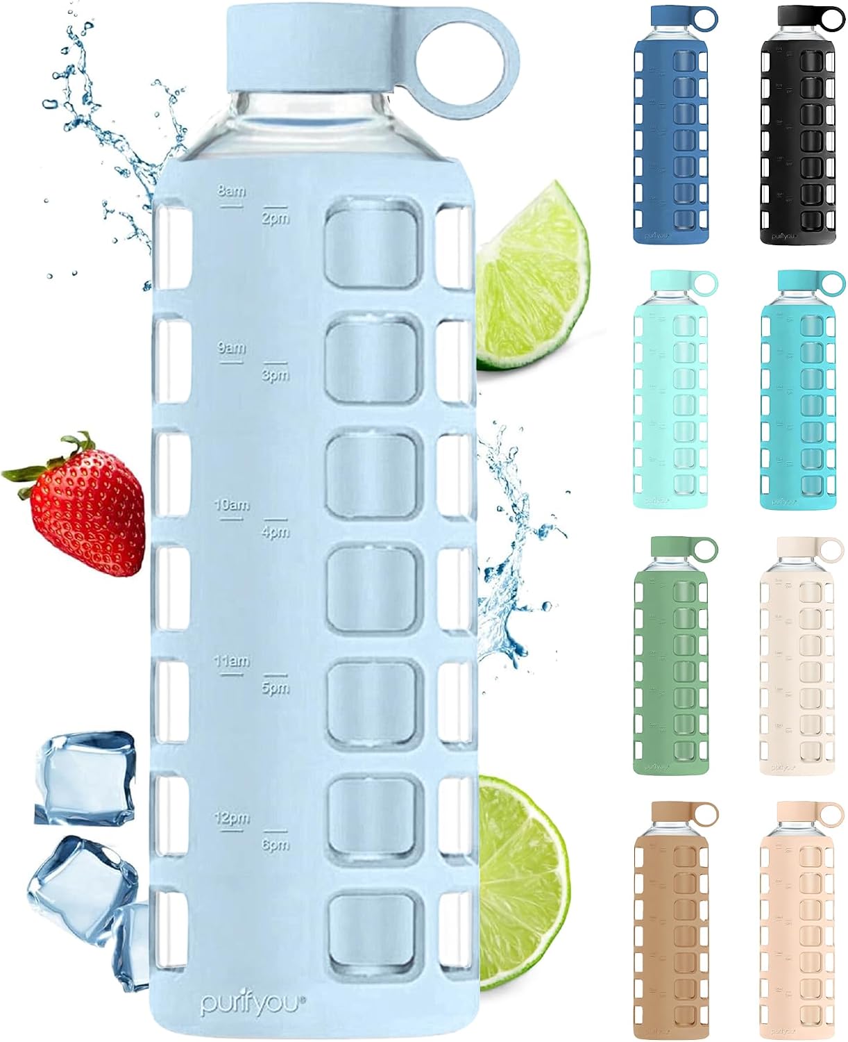 Detalle de Purifyou 40oz Borosilicate Glass Water Bottle with Time & Volume Markers