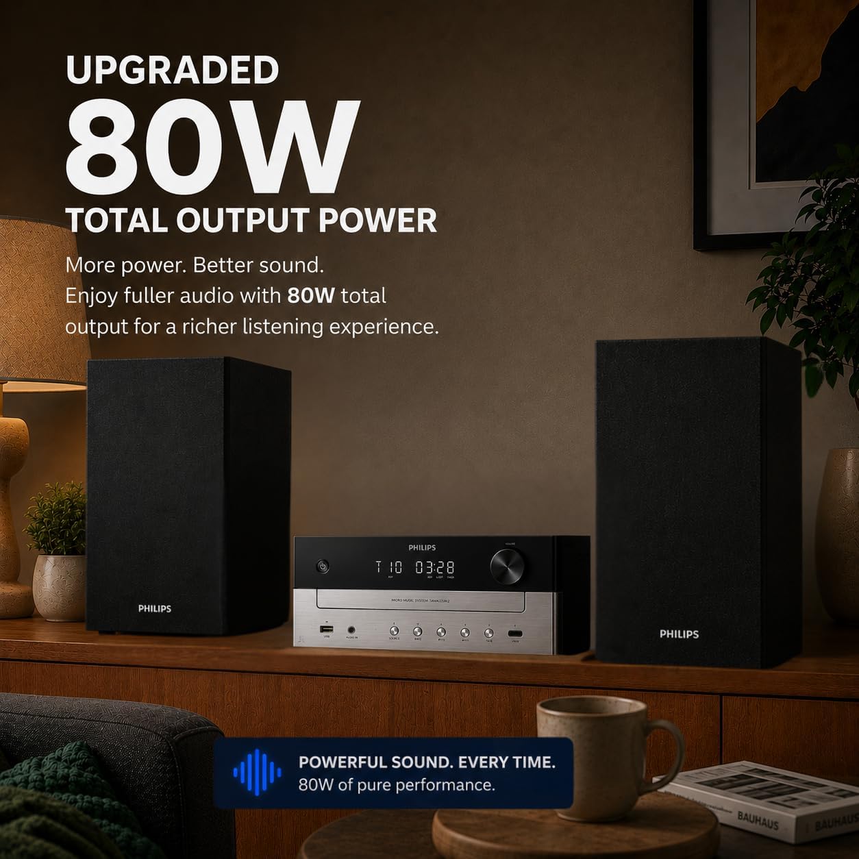 Detalle 2 de PHILIPS Bluetooth Stereo System Home CD Player with USB, FM Radio, Bass Reflex Speakers (60W) + Remote