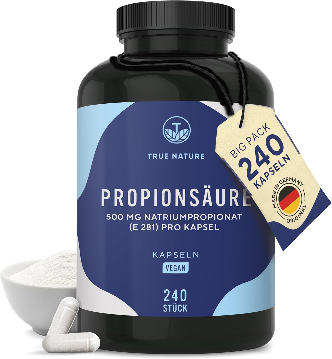 Detalle de TRUE NATURE Propionsäure (Natriumpropionat) – 240 Kapseln mit 500 mg je Kapsel, vegan